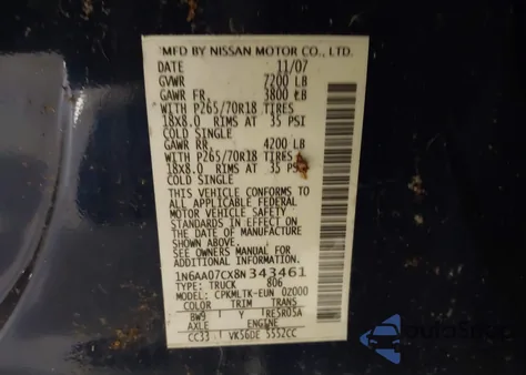 2008 Nissan Titan Le/Pro-4X/Se/Xe z USA, uszkodzony, nr VIN 1N6AA07CX8N343461